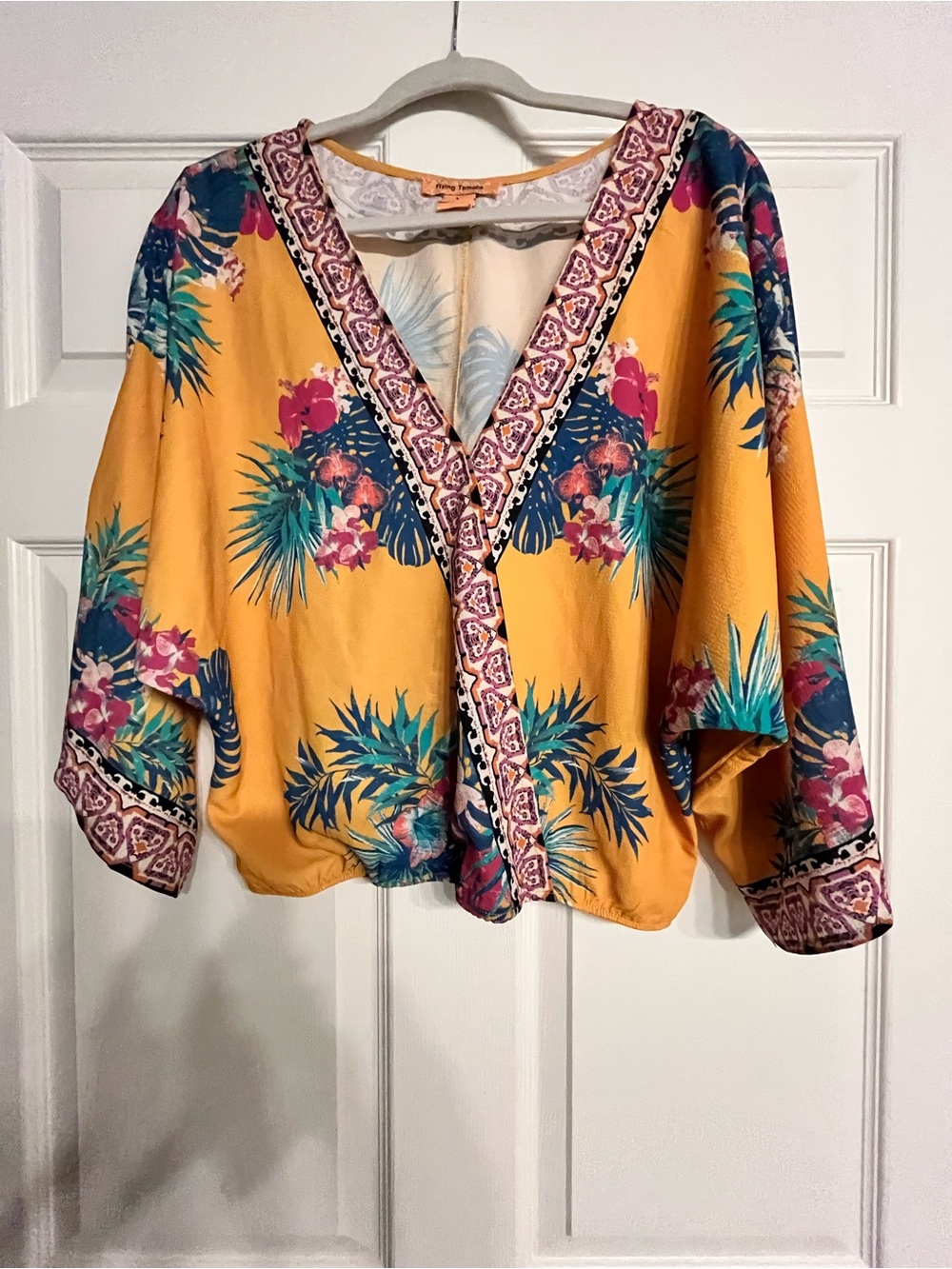 Flying Tomato Yellow Tropical V-Neck Floral Blouse
